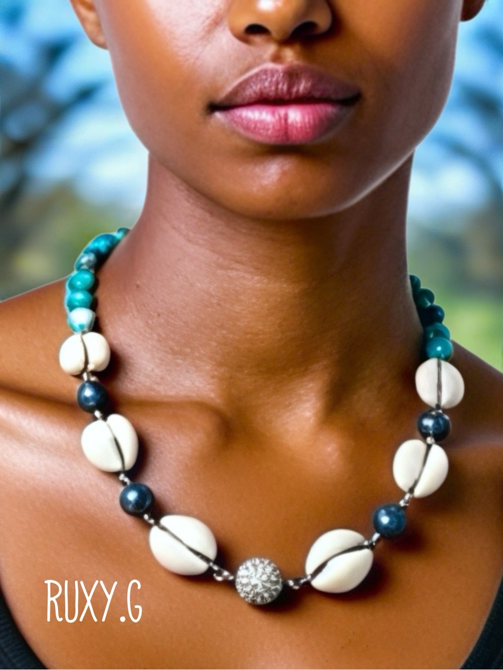 Turquoise & White Beaded & Seashells 🐚Statement Necklace
